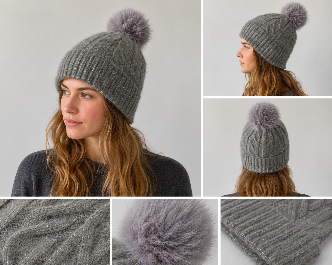 H405 Glitter Pom Fleece-Lined Beanie Grey