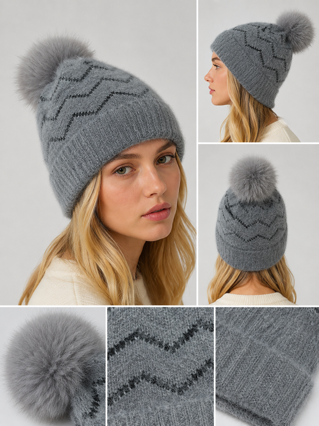 H404 Wavy Line Fleece-Lined Beanie Grey Black