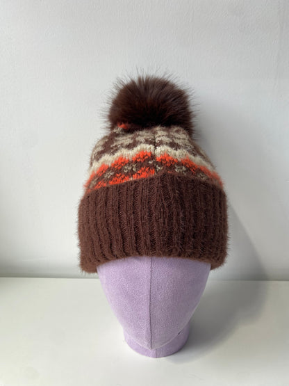 H407 Pom-Pom Patterned Fleece-Lined Beanie Brown