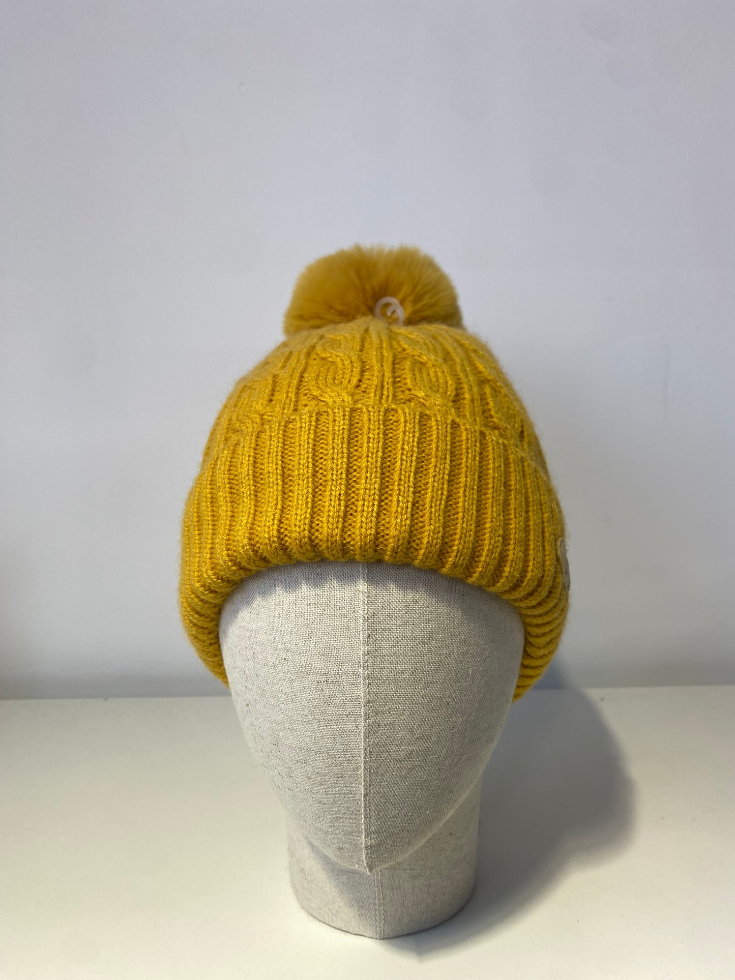 H004 Mustard Textured Beanie Pom Pom Hat