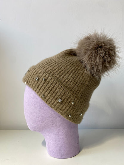 H403 Bejeweled Fleece-Lined Beanie Beige