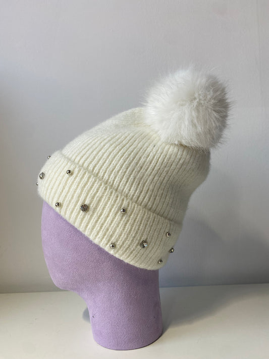 H403 Bejeweled Fleece-Lined Beanie White