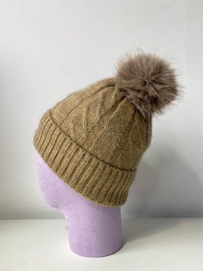 H405 Glitter Pom Fleece-Lined Beanie Beige