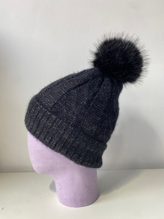 H405 Glitter Pom Fleece-Lined Beanie Black