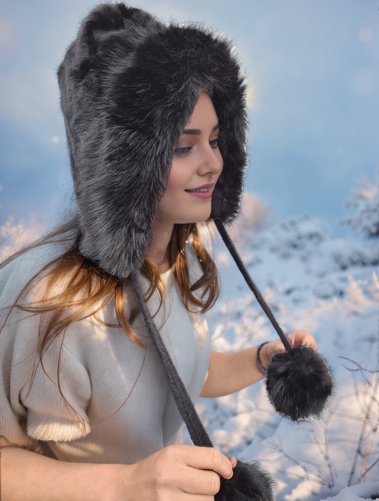 H503 Faux Fur Hood Style Hat With Pom Pom Black