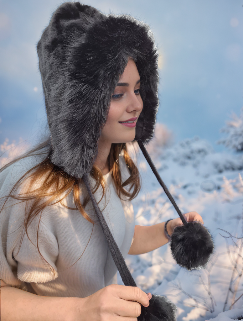 H503 Faux Fur Hood Style Hat With Pom Pom
