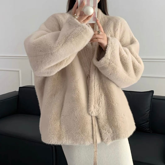 C804 One Size Fluffy Coat Beige