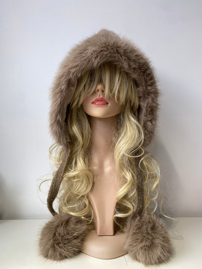 H503 Faux Fur Hood Style Hat With Pom Pom Camel