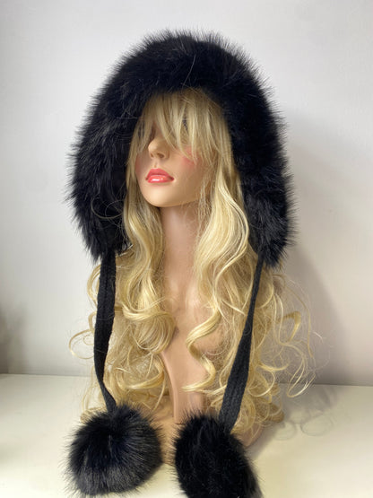 H503 Faux Fur Hood Style Hat With Pom Pom Black