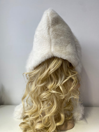 H503 Faux Fur Hood Style Hat With Pom Pom White