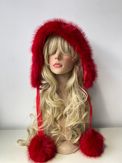 H503 Faux Fur Hood Style Hat With Pom Pom Red