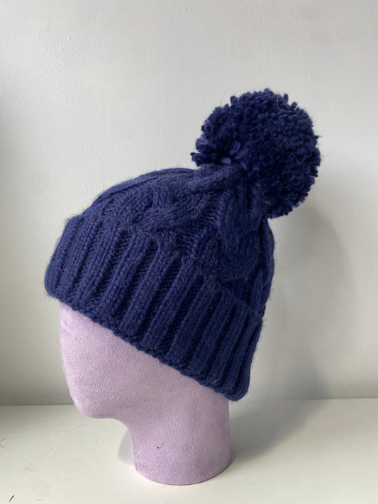 H409 Textured Knit Beanie with Pom-Pom Navy