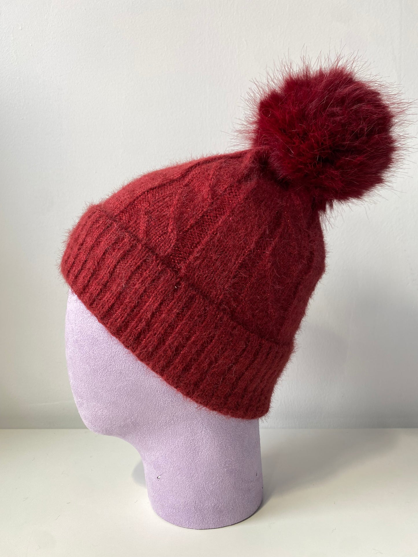 H405 Glitter Pom Fleece-Lined Beanie Burgundy