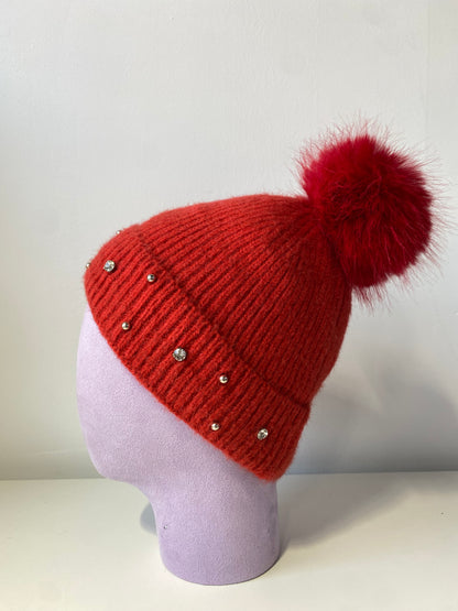 H403 Bejeweled Fleece-Lined Beanie Red