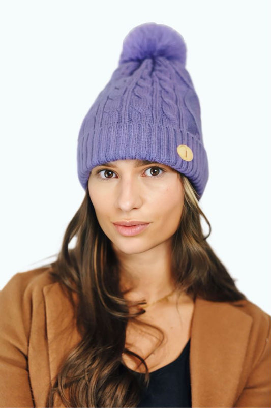 H004 Lilac Textured Beanie Pom Pom Hat