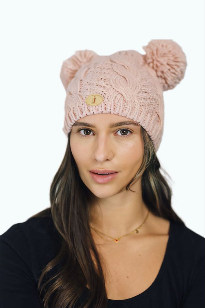 H005 Pink Double Pom Beanie Hat