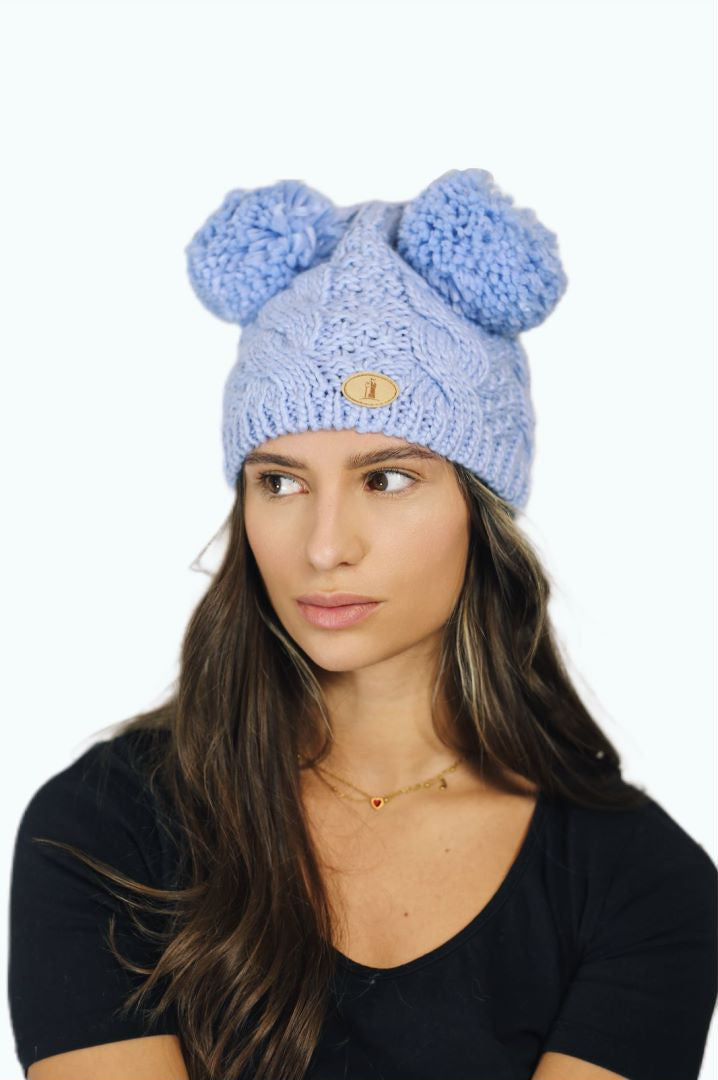 H005 Light Blue Double Pom Beanie Hat