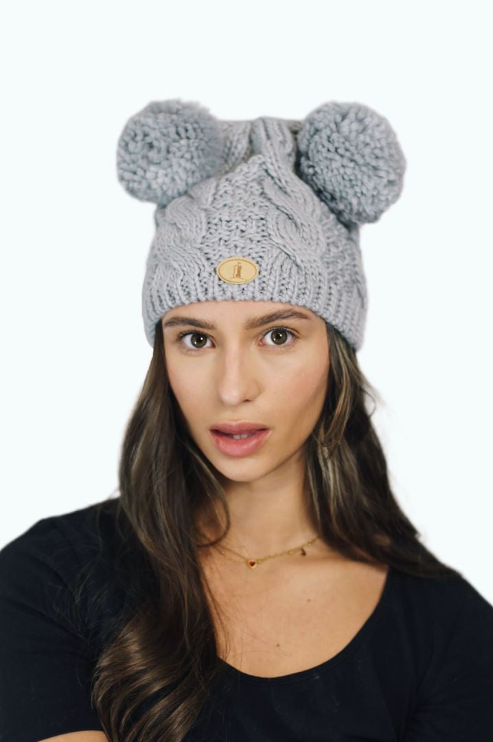 H005 Grey Double Pom Beanie Hat