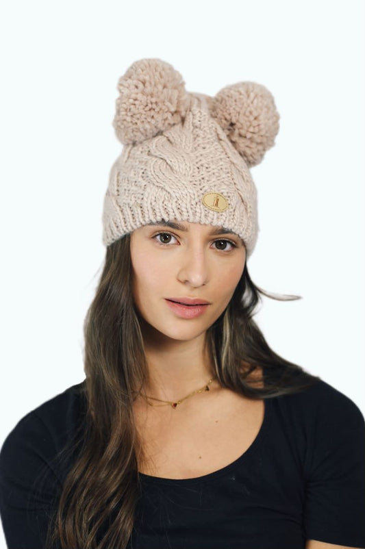 H005 Beige Double Pom Beanie Hat