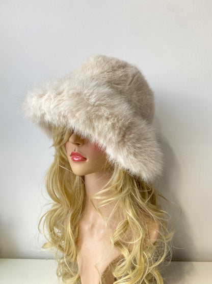 H501 Thickened Plush Faux Fur Fluffy Bucket Hat Beige