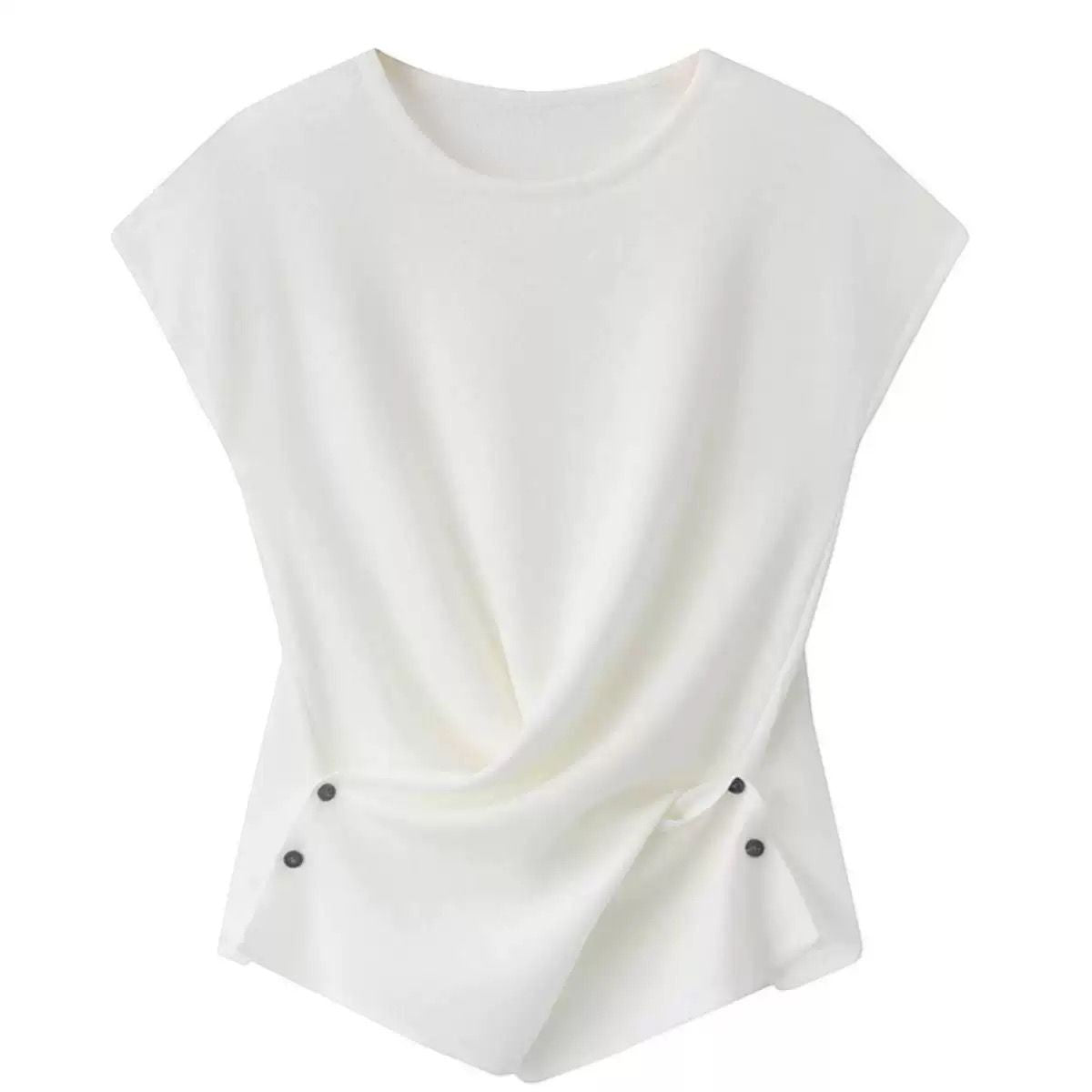 SR003 White/Cream Women's Asymmetrical Drape Top with Button Accents