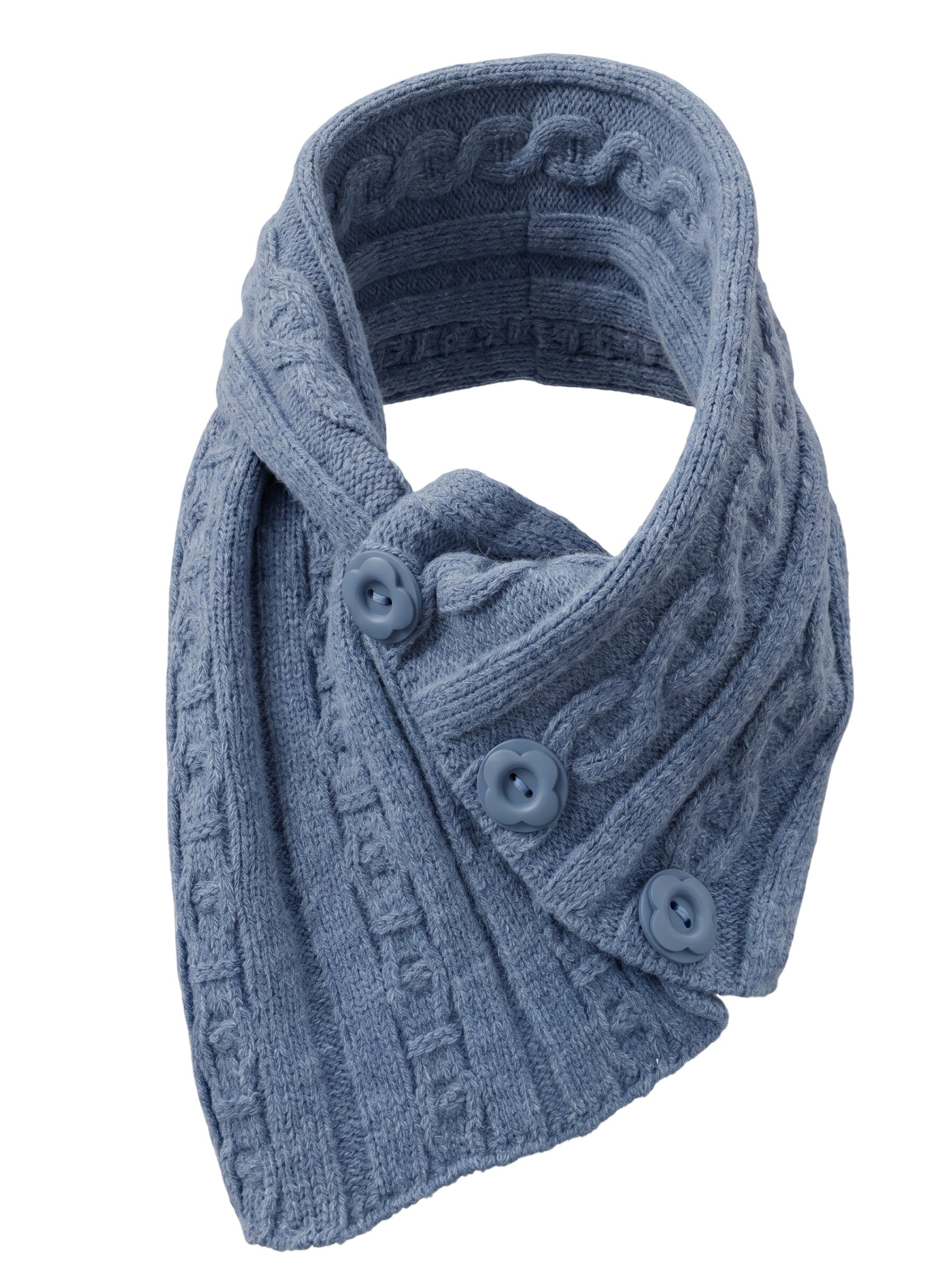 Color's Wholesale blue cable knit scarf with decorative buttons made from a soft chinlon acrylic and viscose blend