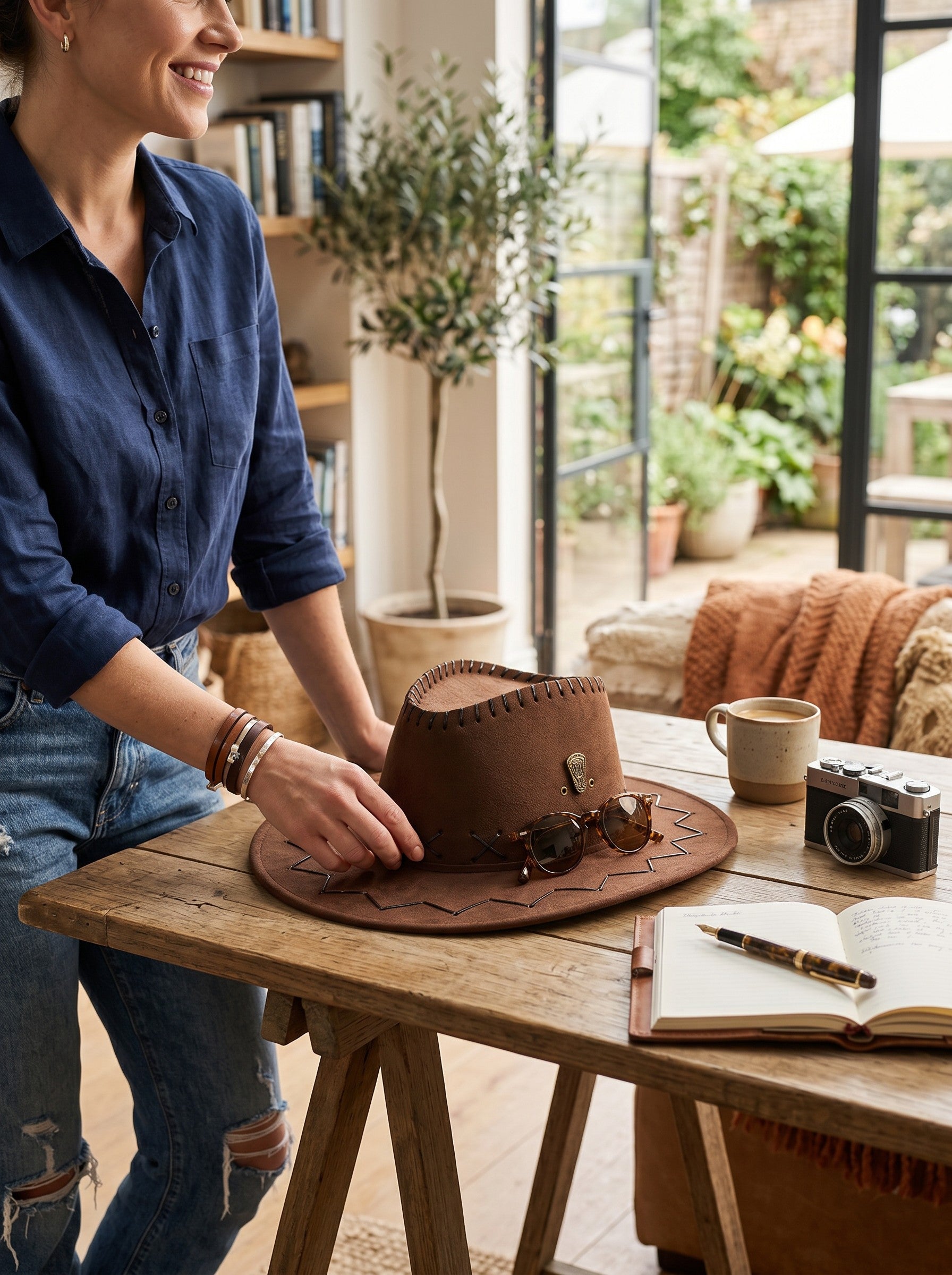 Color's Wholesale brown faux leather cowboy hat with decorative stitching on a wooden table in a sunlit room.