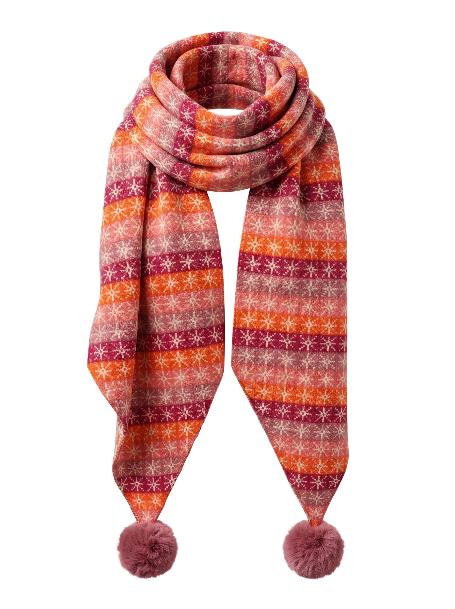 Color's Wholesale knit scarf in orange and pink with snowflake patterns and matching pom-poms on the ends.