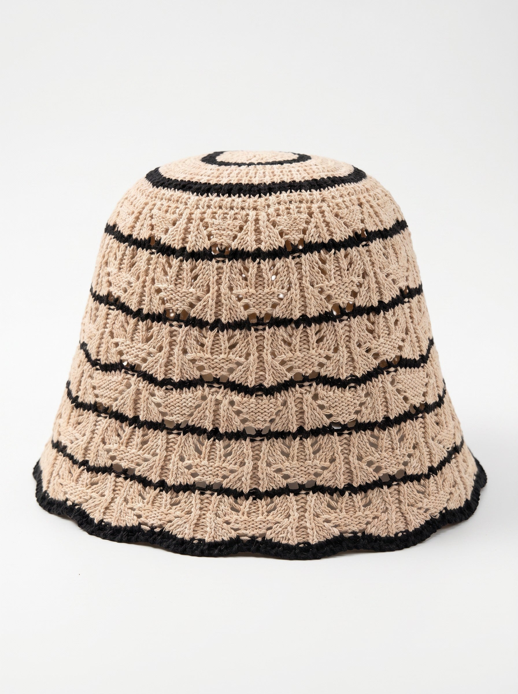 Color's Wholesale beige crocheted bucket hat with black stripes and open knit pattern. Cotton yarn.