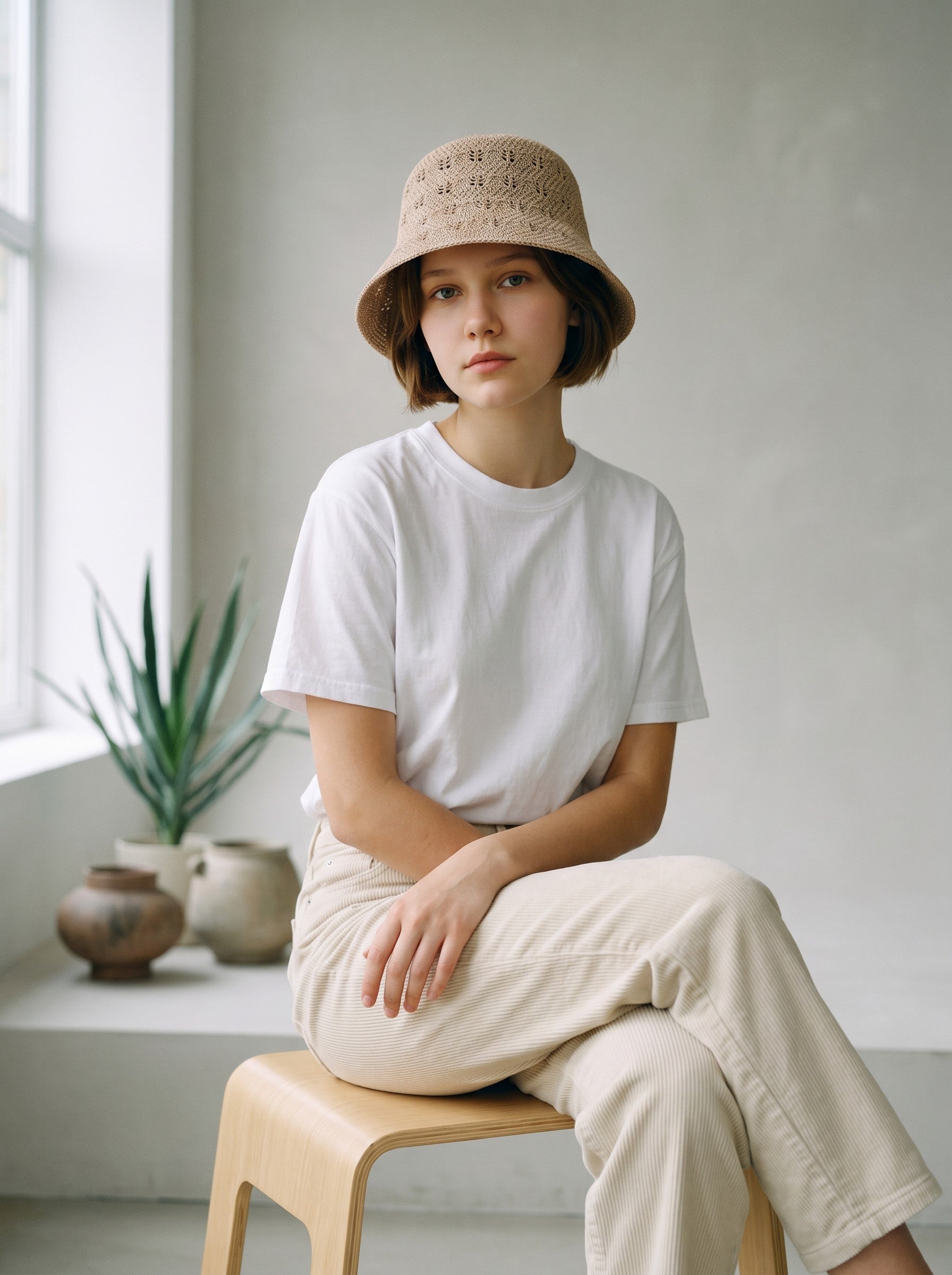 Color's Wholesale beige crocheted bucket hat with diamond pattern detail. Made from thick cotton yarn.