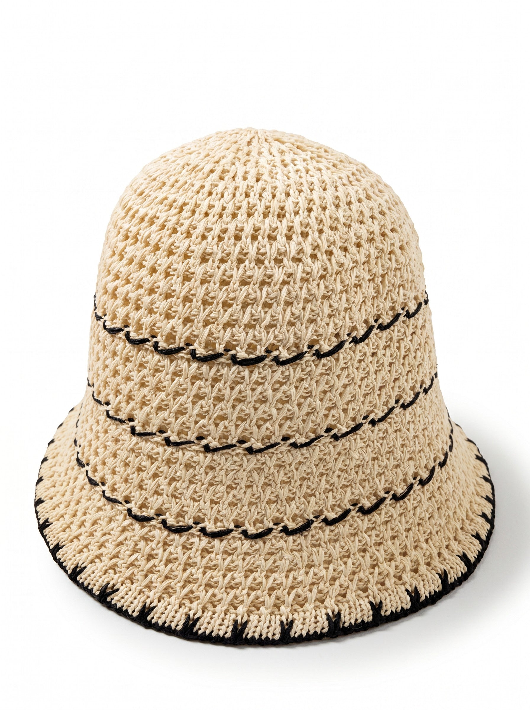 Color's Wholesale beige crocheted bucket hat with black trim and decorative stitching.