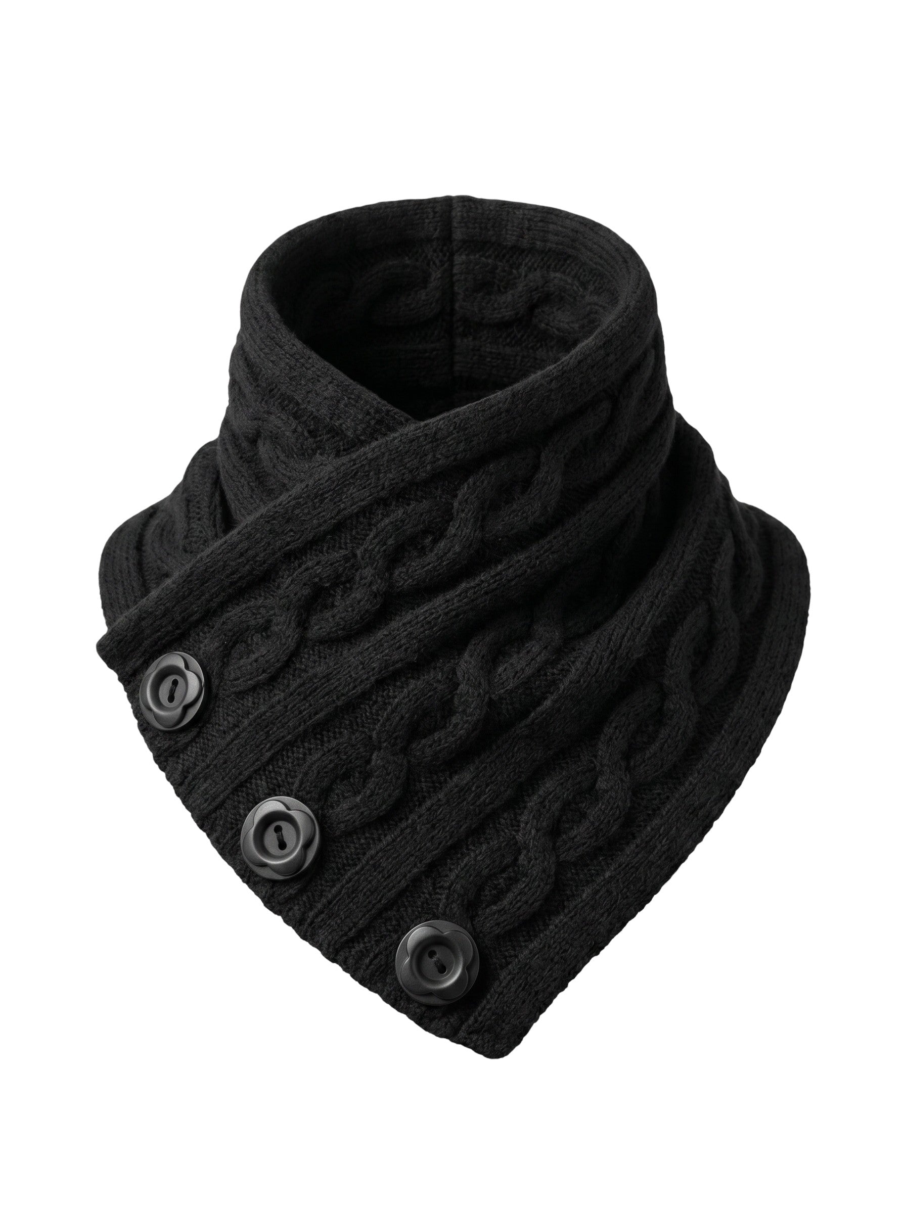 Color's Wholesale black cable knit neck warmer with three decorative buttons in a soft chinlon acrylic blend