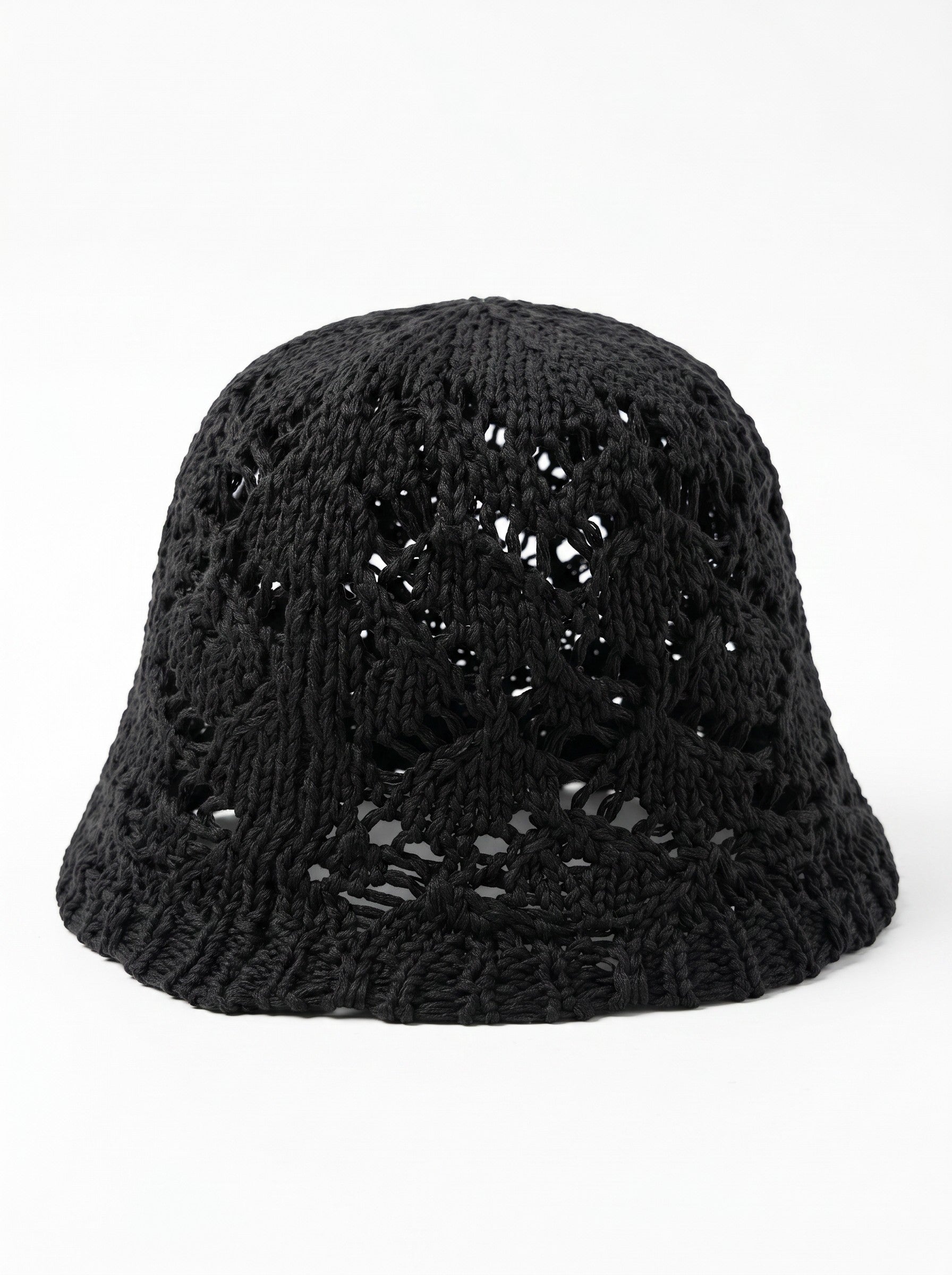 Color's Wholesale black crocheted cotton bucket hat with openwork pattern and wide brim.
