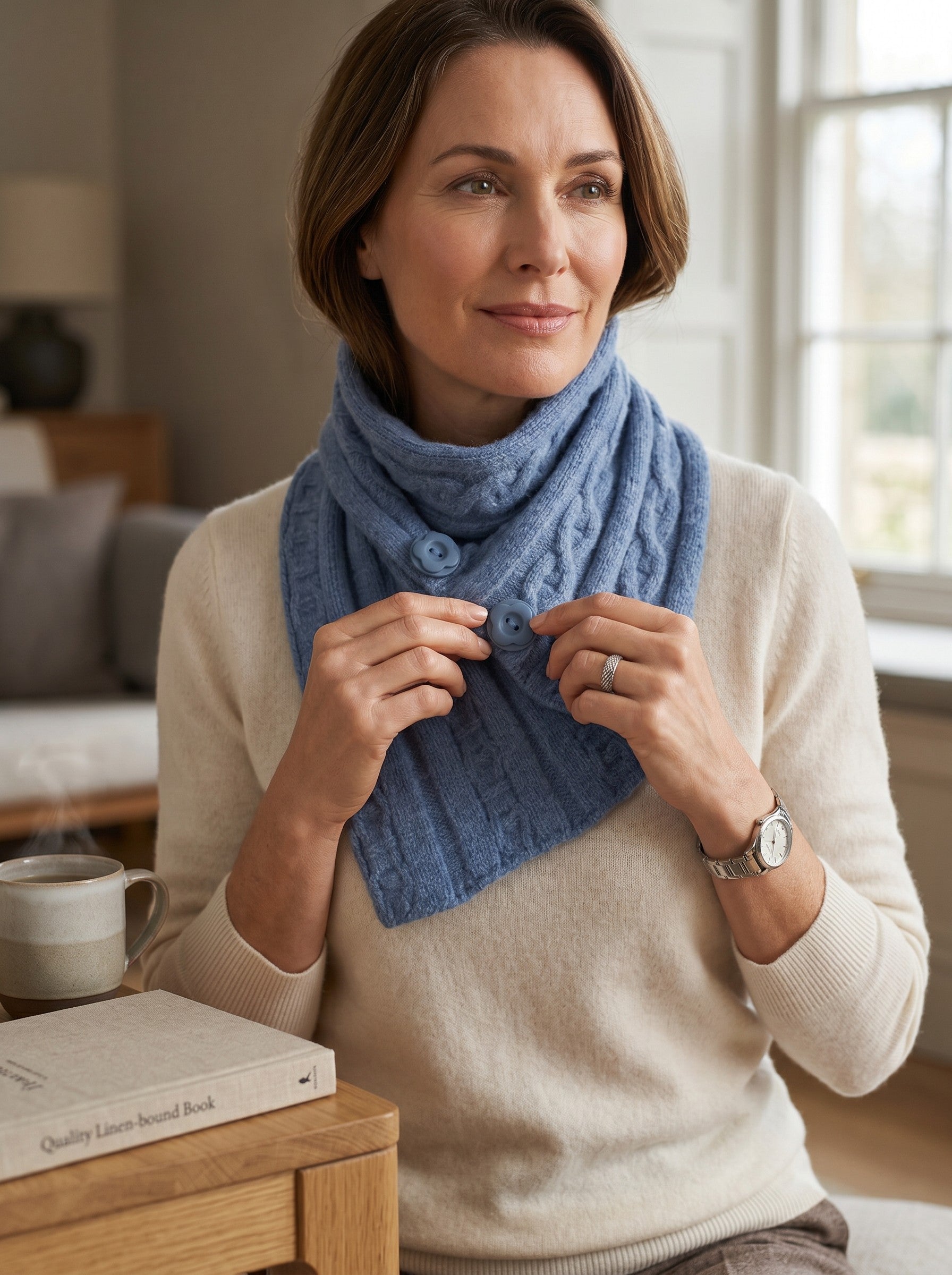 Woman wearing a blue Color's Wholesale cable-knit buttoned neck warmer made from a chinlon, acrylic, and viscose blend