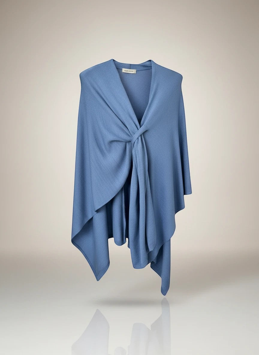 Color's Wholesale blue knit wrap with a twisted knot detail and asymmetrical hem.
