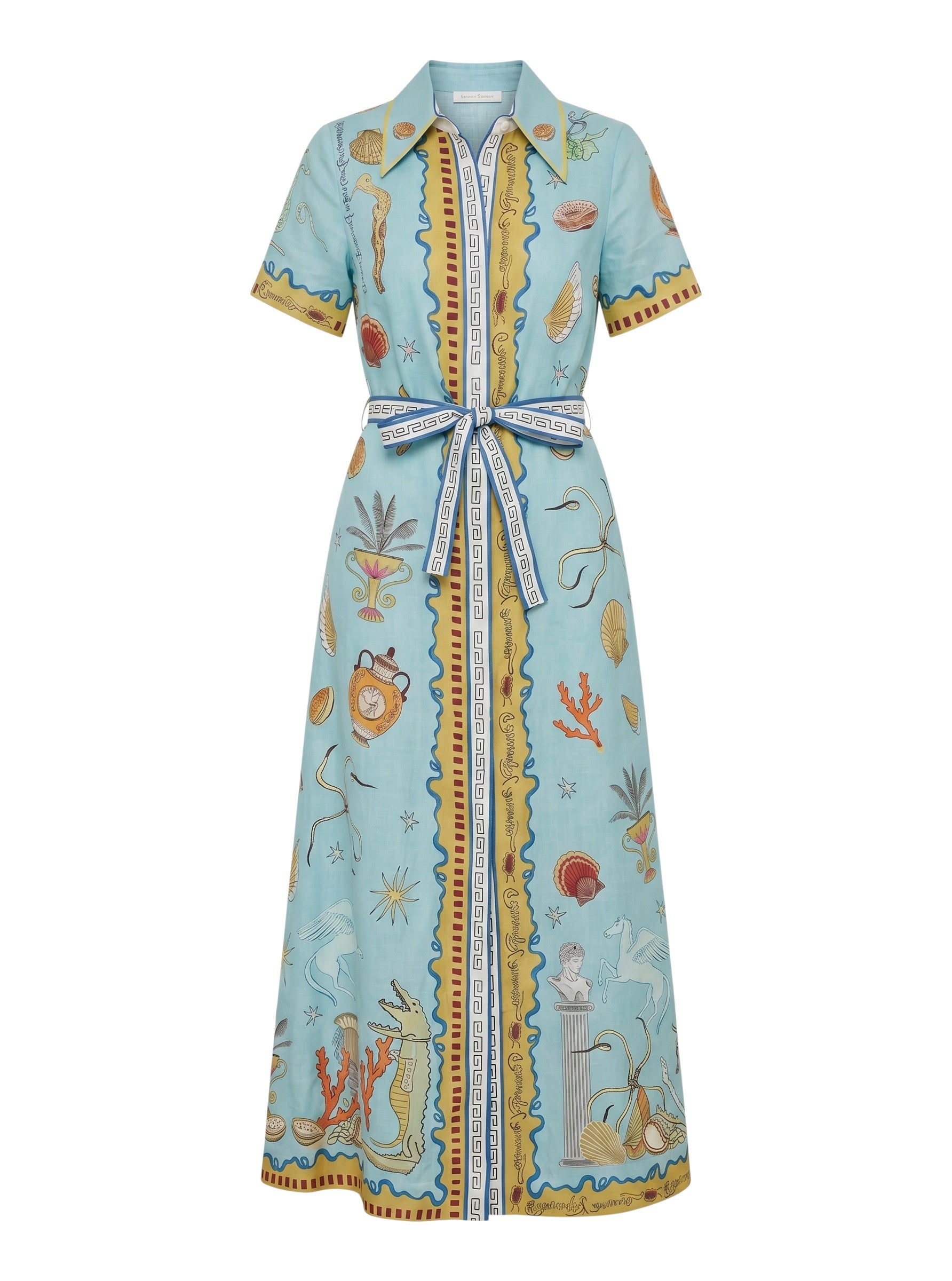 Color's Wholesale light blue linen-blend maxi shirt dress with a playful mythological print and yellow trim. One size fits UK 10-16.