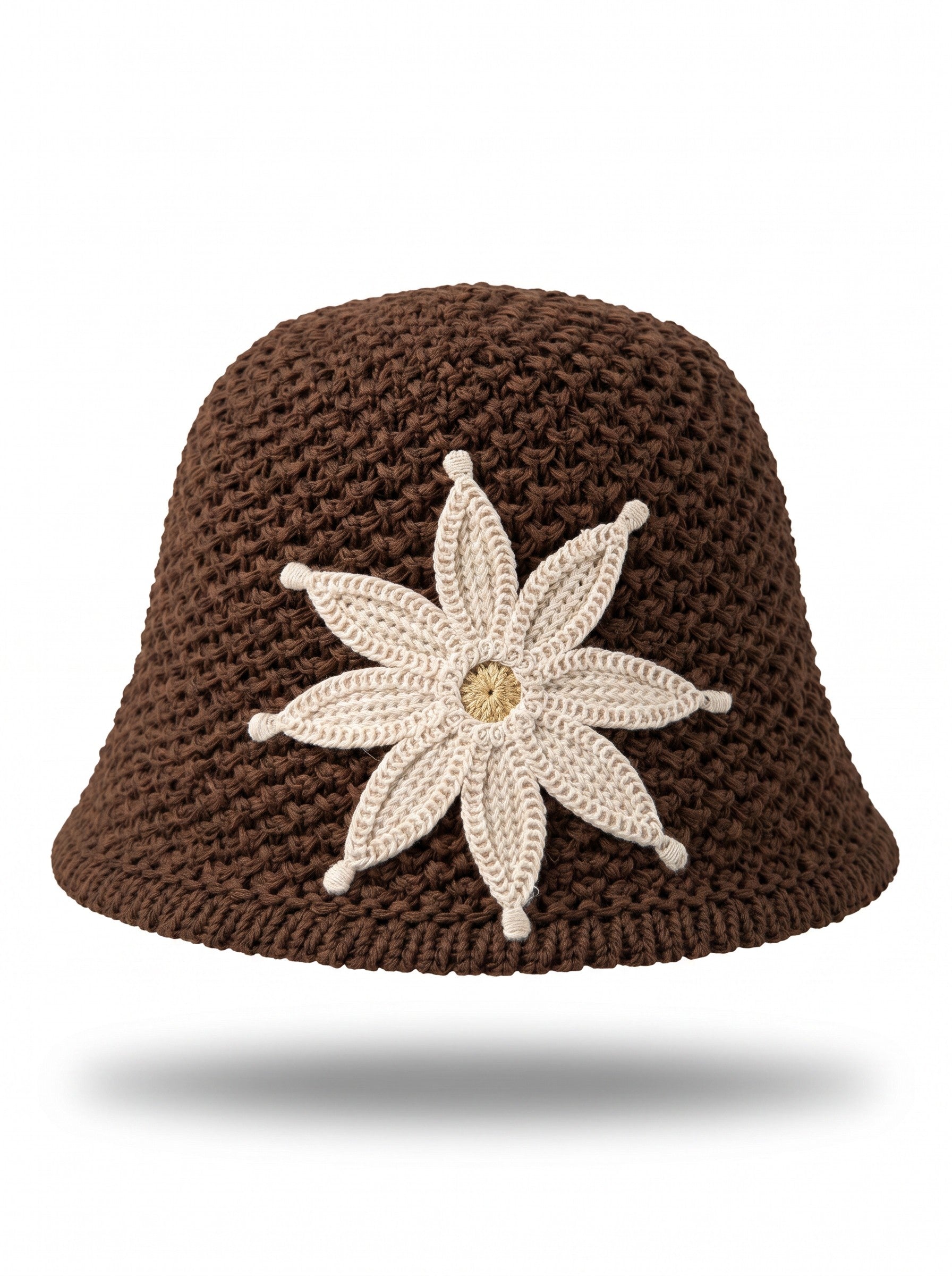 Color's Wholesale brown crocheted cotton bucket hat with a cream crocheted flower appliqué and tan center.