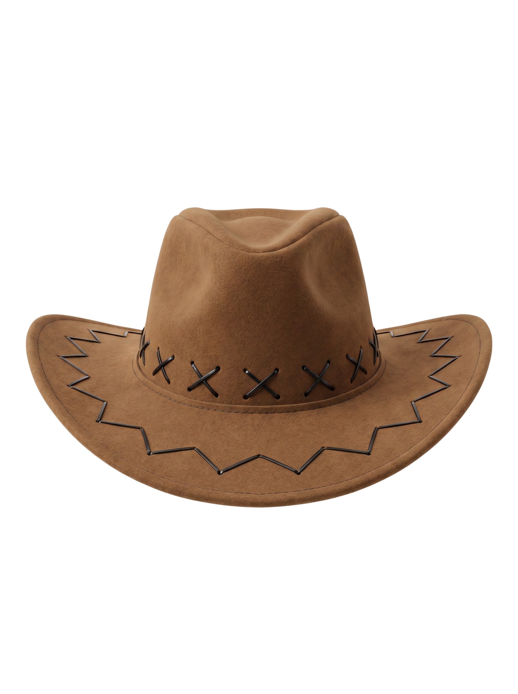 Color's Wholesale brown faux leather cowboy hat with decorative black stitching and a wide brim.