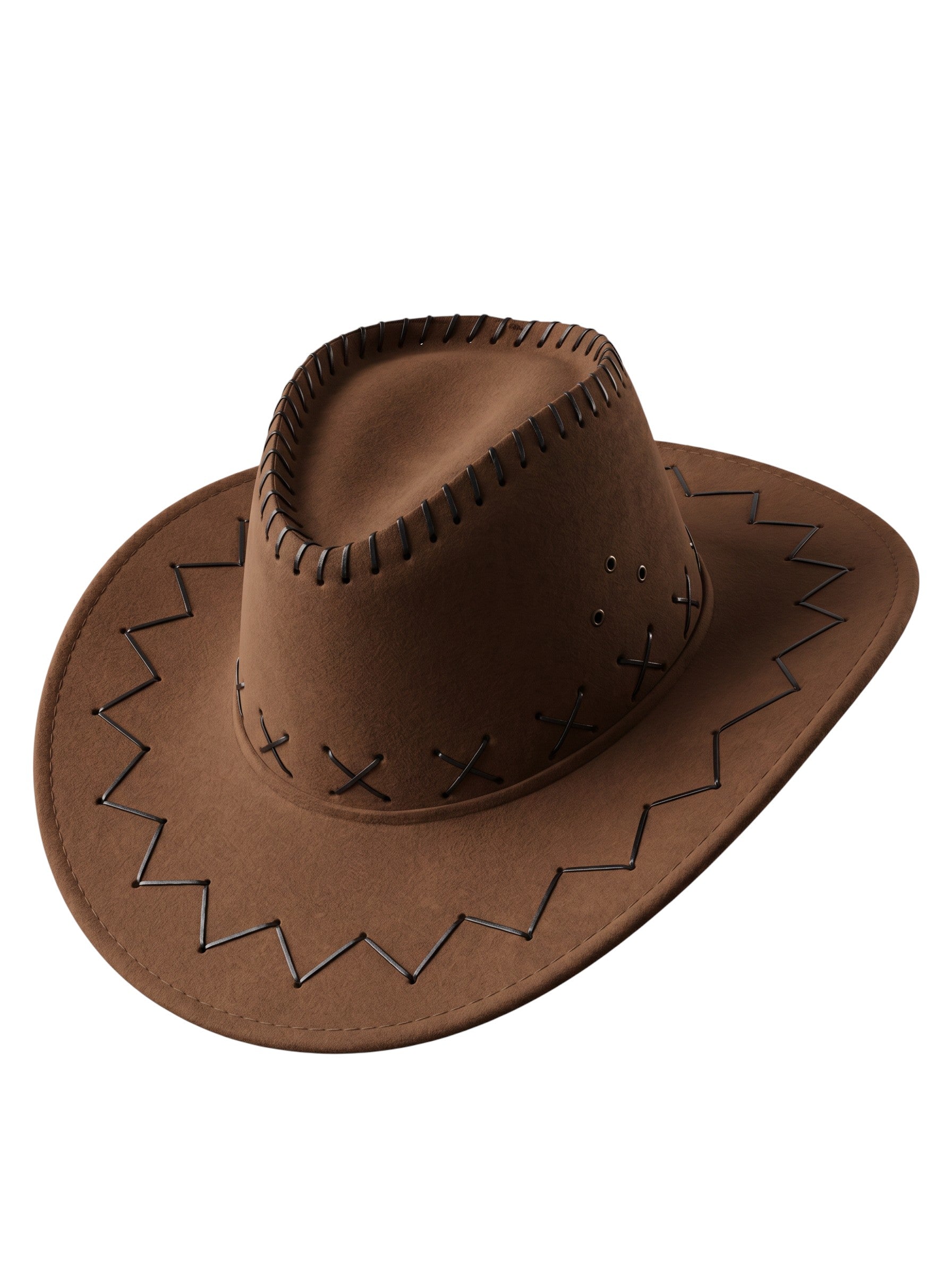 Color's Wholesale brown faux leather cowboy hat with decorative cross-stitch detailing and a 56cm brim.