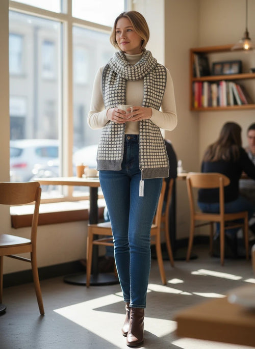 Color's Wholesale woman wearing a grey and white checkered knit scarf over a cream turtleneck in a cafe