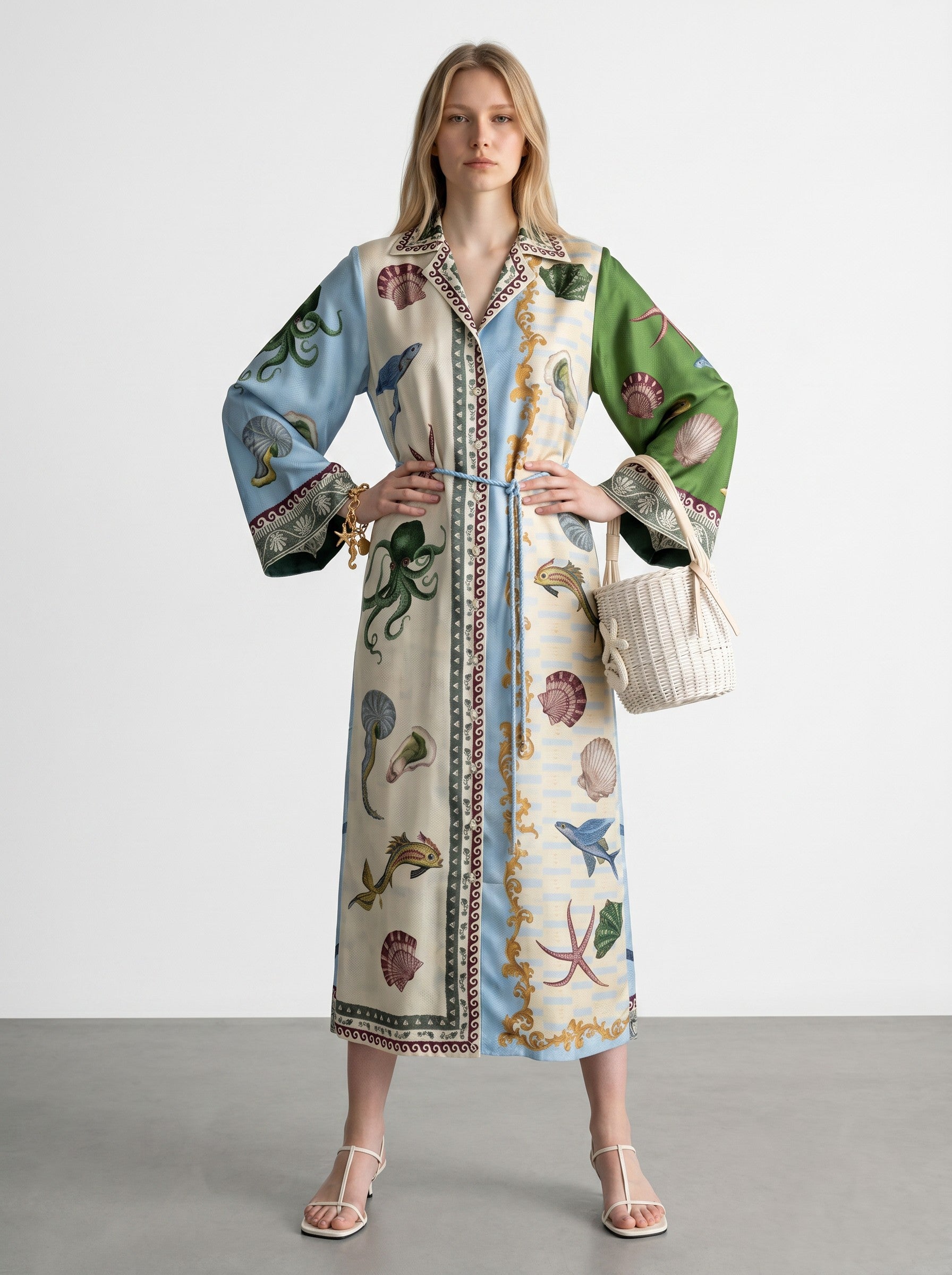 Color's Wholesale long sleeve maxi dress with a coastal print, featuring octopuses, shells, and fish. Made of 65% linen, 35% polyester.