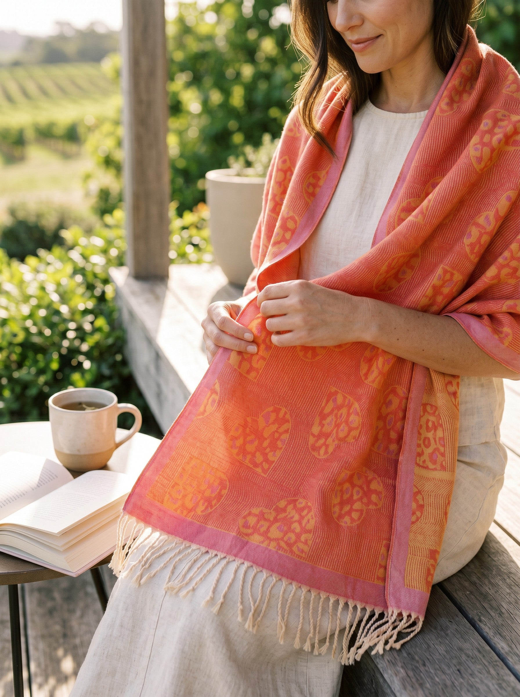 Color's Wholesale coral viscose scarf with orange heart patterns and fringe trim worn by a woman outdoors.