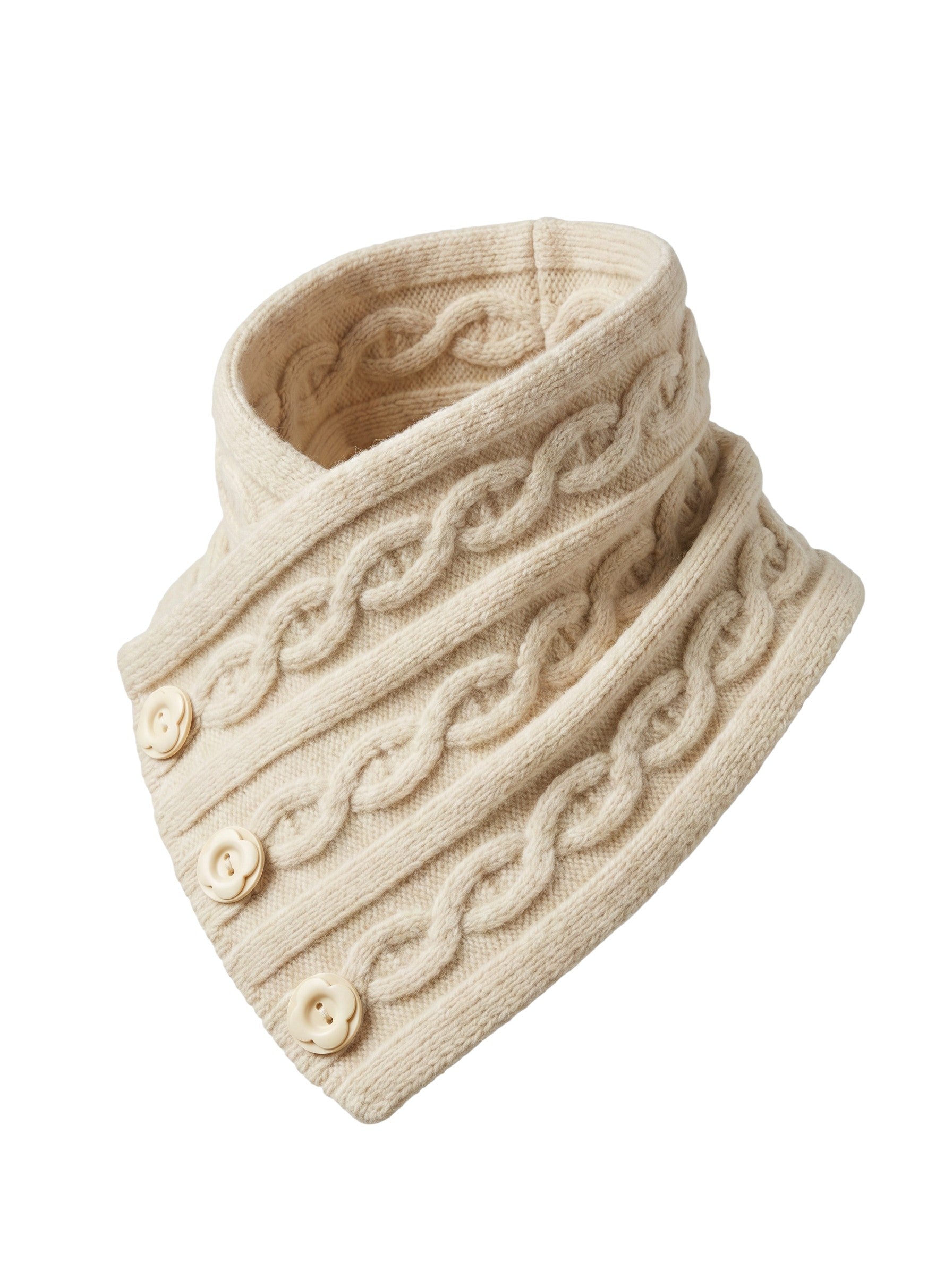 Color's Wholesale cream cable knit neck warmer with decorative button details made from a soft chinlon blend
