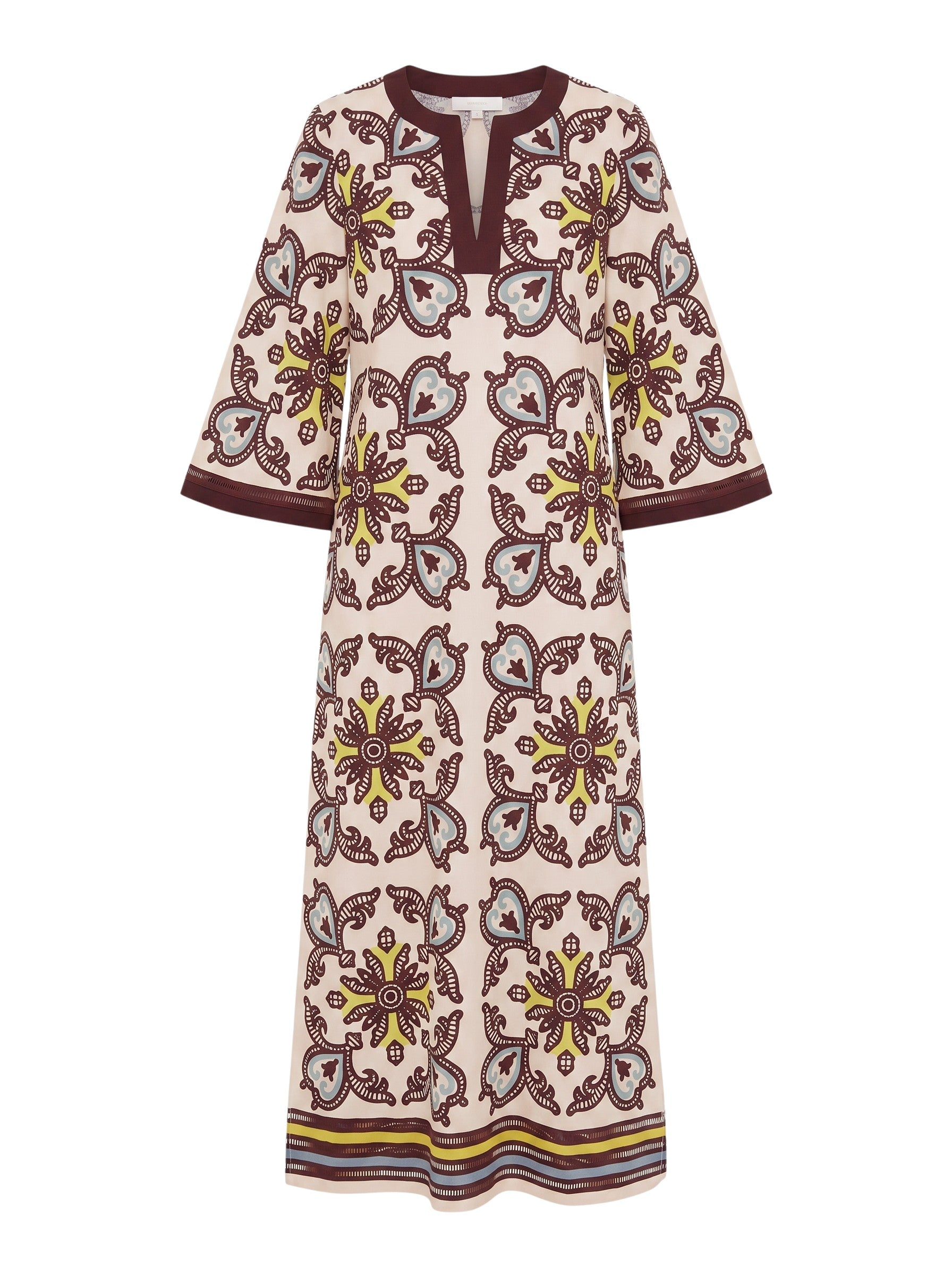 Color's Wholesale cream linen-blend maxi dress with ornate tile print, V-neck, and bell sleeves. Fits UK 10-16.