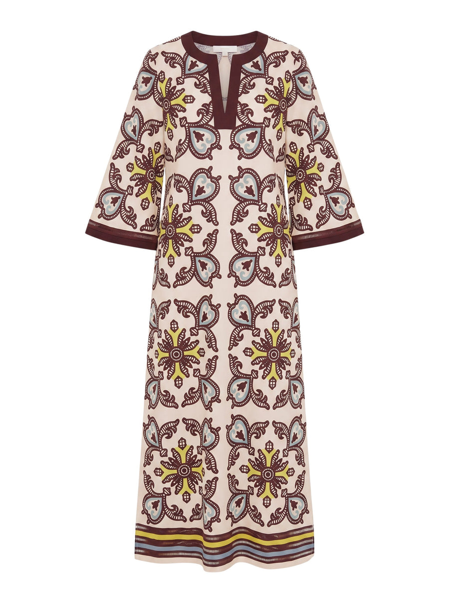 Color's Wholesale cream linen-blend maxi dress with ornate tile print, V-neck, and bell sleeves. Fits UK 10-16.