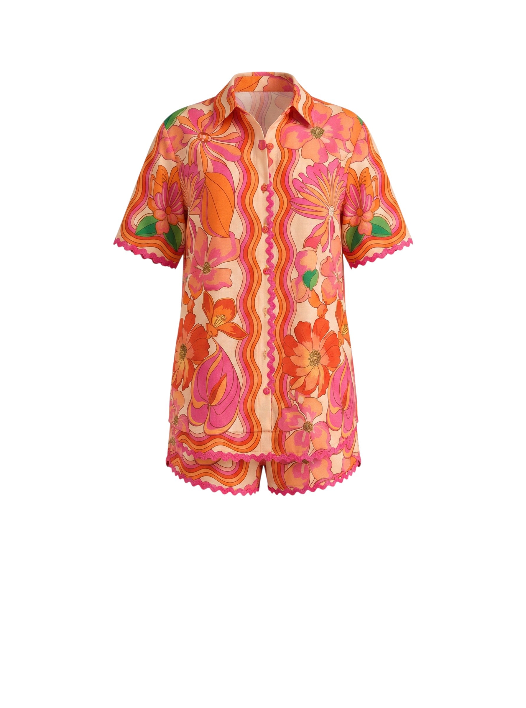 Color's Wholesale women's short sleeve collared shirt and shorts set in a vibrant floral print with pink, orange, and green. Made of 65% linen, 35% polyester.