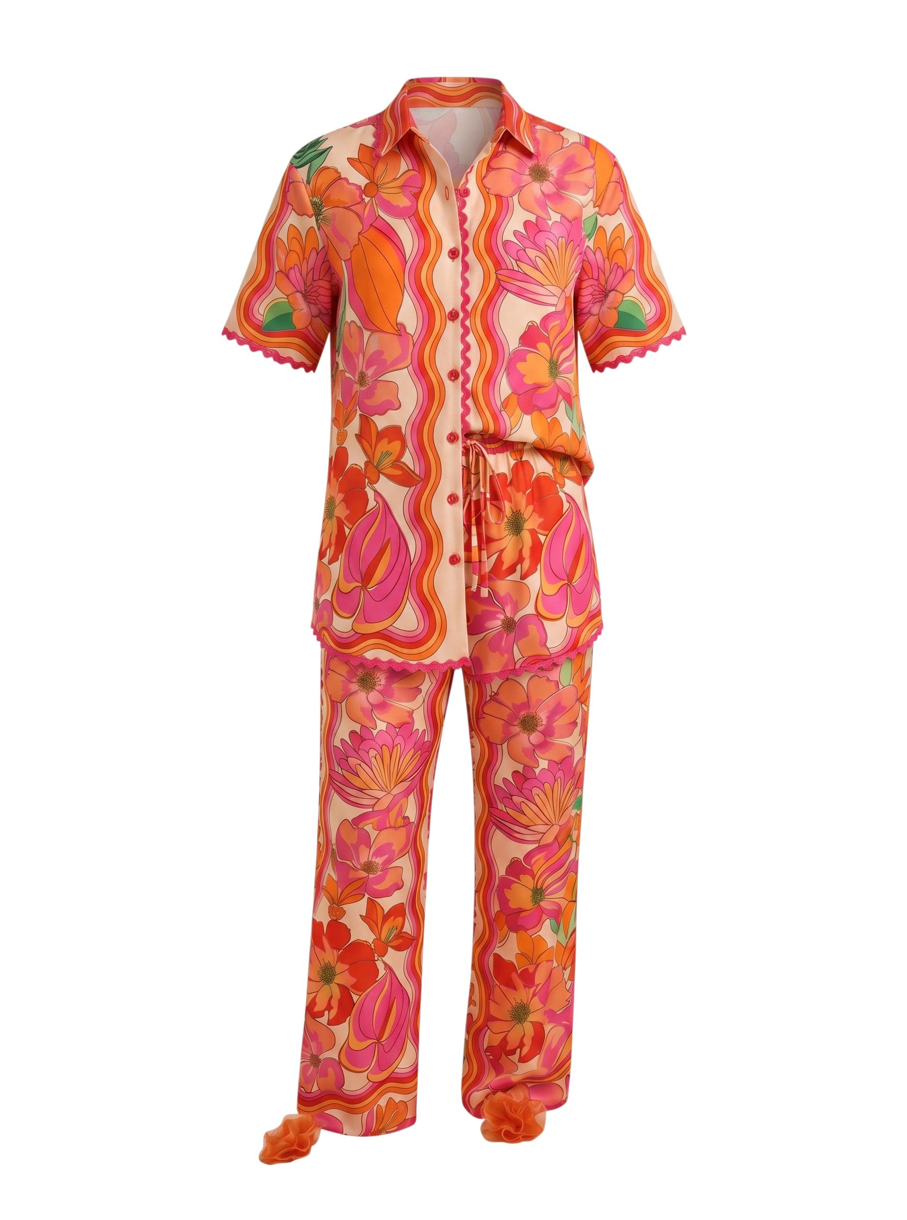 Color's Wholesale women's floral print pajama set with pink, orange, and green wavy floral pattern. 65% Linen, 35% Polyester.