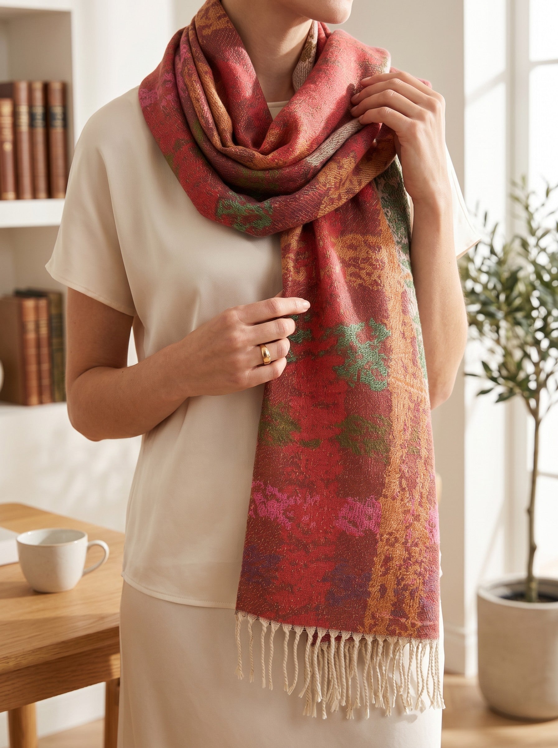 Color's Wholesale viscose scarf in red and orange with a floral pattern and fringe trim worn by a woman