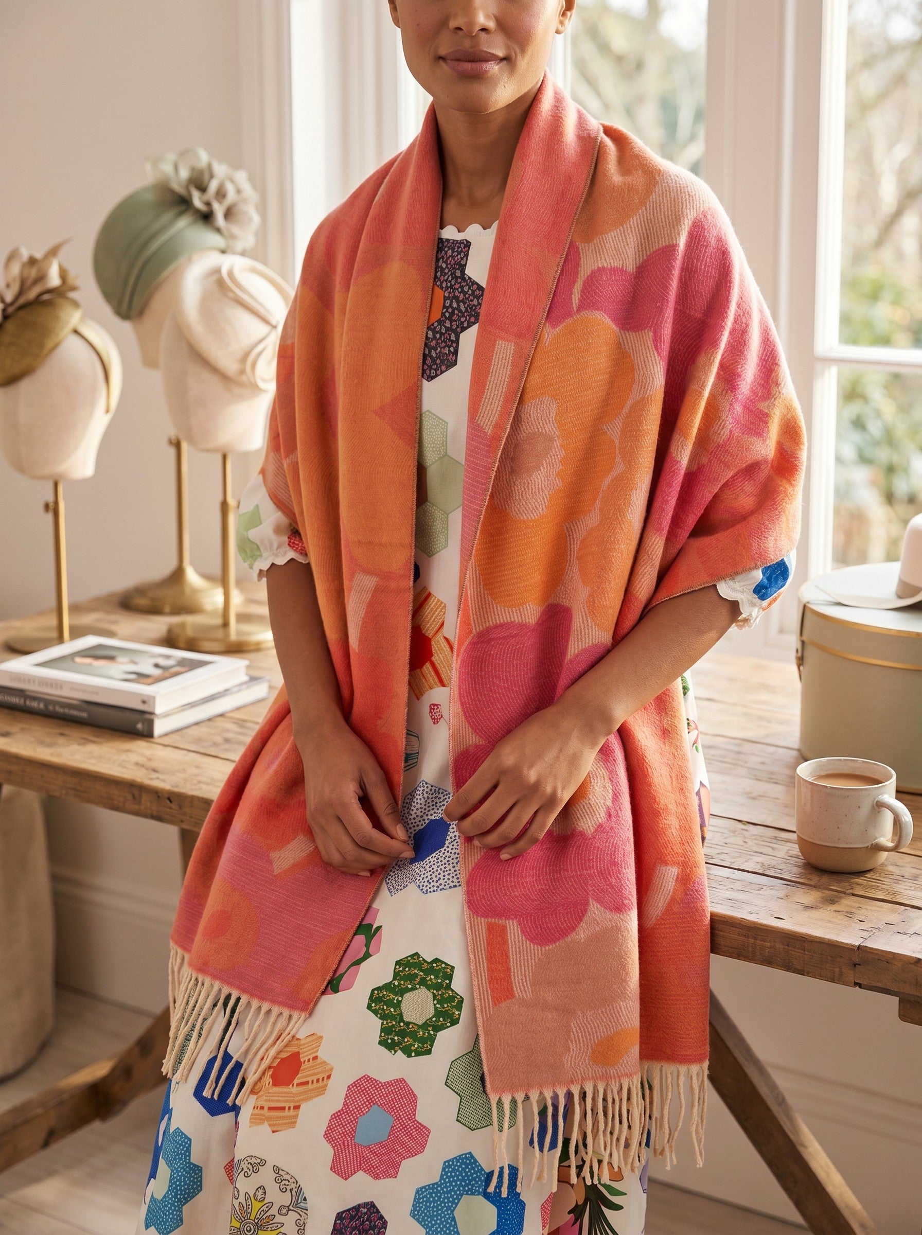Color's Wholesale viscose scarf featuring a vibrant pink and orange floral pattern with fringe detail draped over shoulders