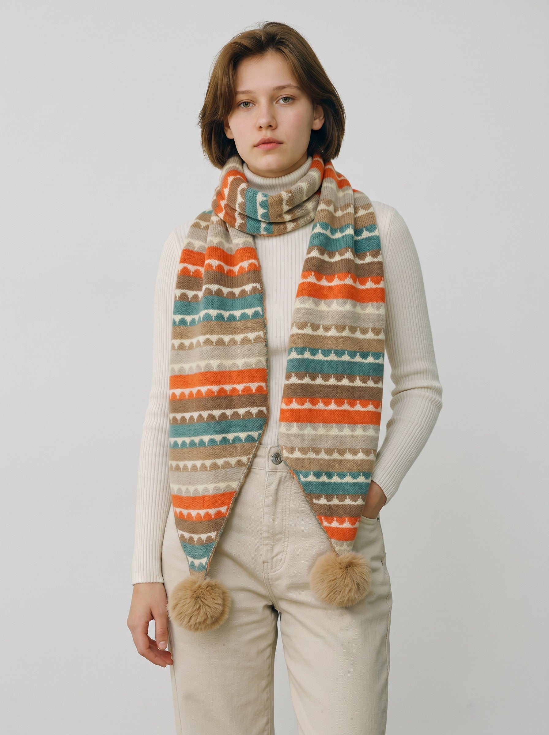 Model wearing a Color's Wholesale knit scarf with orange, teal, and beige geometric patterns and pom-pom ends.